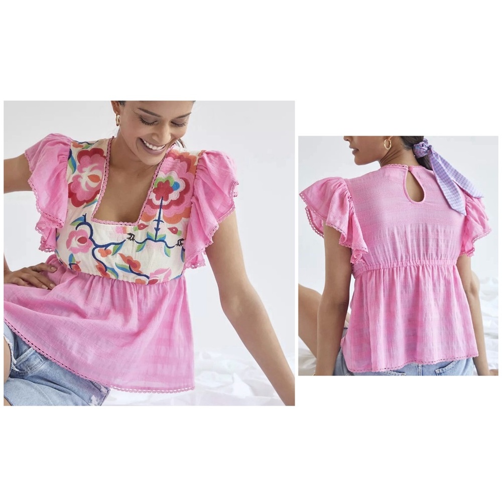Plenty Tracy Reese Anthropologie Embroidered Pink Ruffle Sleeves Baby Doll Top M